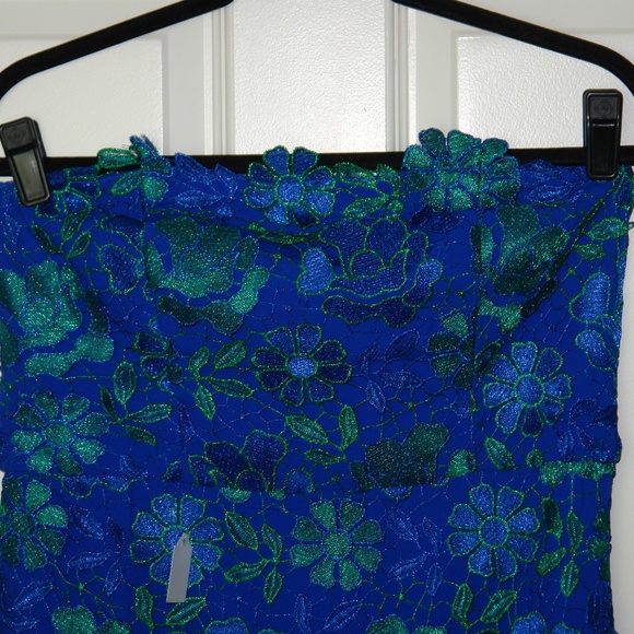 NWT Lovers + Friends Teagan Gown Lace Floral Blue Green Strapless Mermaid Sz LG - Picture 5 of 10